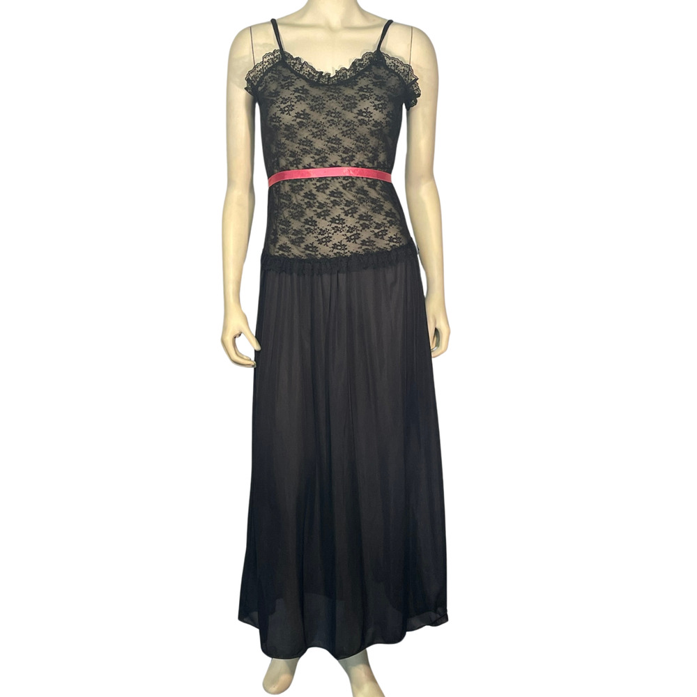 Vtg 70s Undercover Wear Sz XS Maxi Gown Black Lace Top w/Pink Ribbon Lingerie